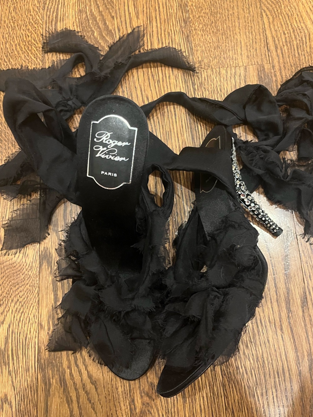 Roger Vivier Black Ruffled Ankle-Tie Sandals with Crystal-Embellished Heel 38(7)